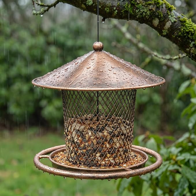Bird Feeder, Weatherproof Wild Bird Feeders for Outdoors, Birds Feeding Station Metal Round Roof Birdfeeder for Garden Yard Outside Hanging Decor