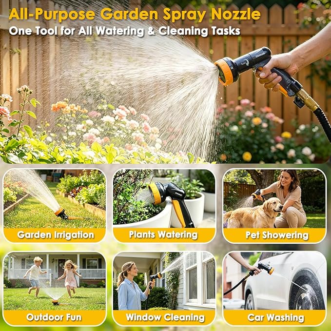 FANHAO 2-in-1 Rotating Garden Hose Nozzle with Sprinkler Function, High-impact ABS+PP Water Hose Sprayer with 4 Spray Patterns, Ergonomic Front Trigger for Lawn & Plant Watering, Car & Pet Washing