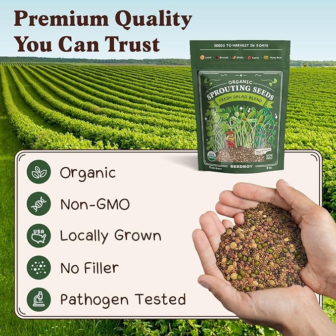 Seedboy Organic Non-GMO Sprouting Seeds, Fresh Salad Blend - USA Grown Microgreens Mix with Alfalfa, Broccoli, Radish, Mung Bean & Lentil - 8 oz Bag Makes 8 Quarts / 32 Servings (Salad Blend)