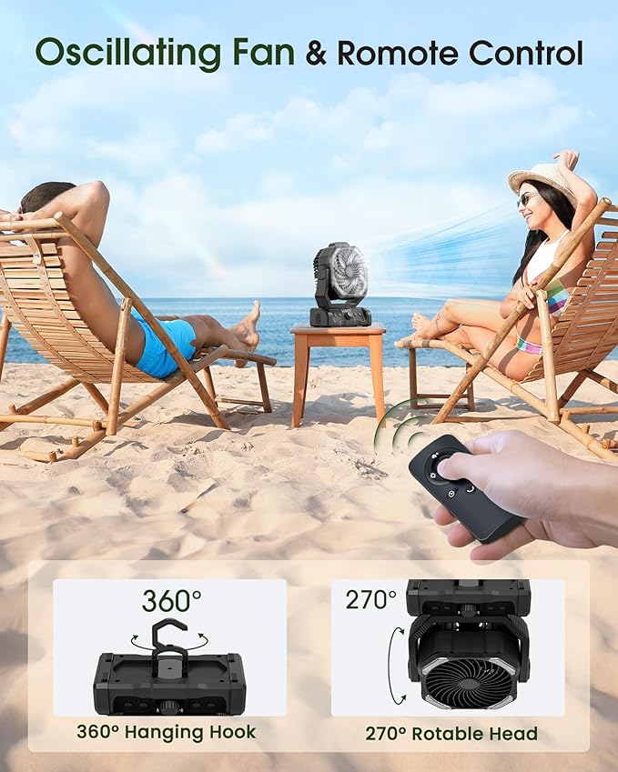ONLYNEW Portable Camping Fan Rechargeable 20000mAh Battery Operated Oscillating Fan USB C Battery Powered with LED Lantern, Head Rotation,Timer, Remote Auto, Hook for Tents Travel Outdoor Beach