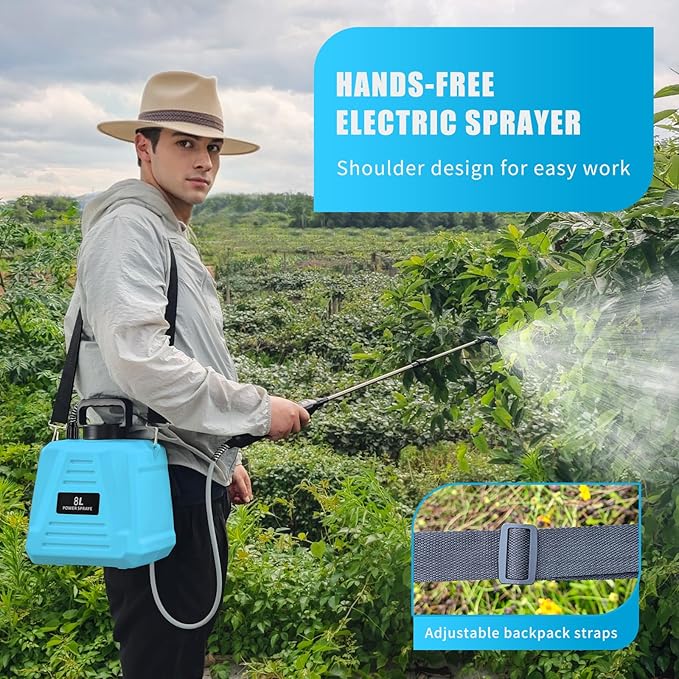2 Gallon Battery Powered Sprayer - Upgraded Anti-Bend Hose Electric Garden Sprayer, Rechargeable Pump Sprayer with 3 Mist Nozzles, Retractable Wand, Adjustable Strap for Lawn, Plant Watering (Blue)