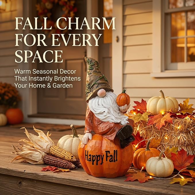 Topadorn Fall Garden Gnome Figurine Sitting on Pumpkin Statue Autumn Harvest Garden Gnomes Statue Figurine for Patio Yard Lawn Porch Decoration, Happy Fall