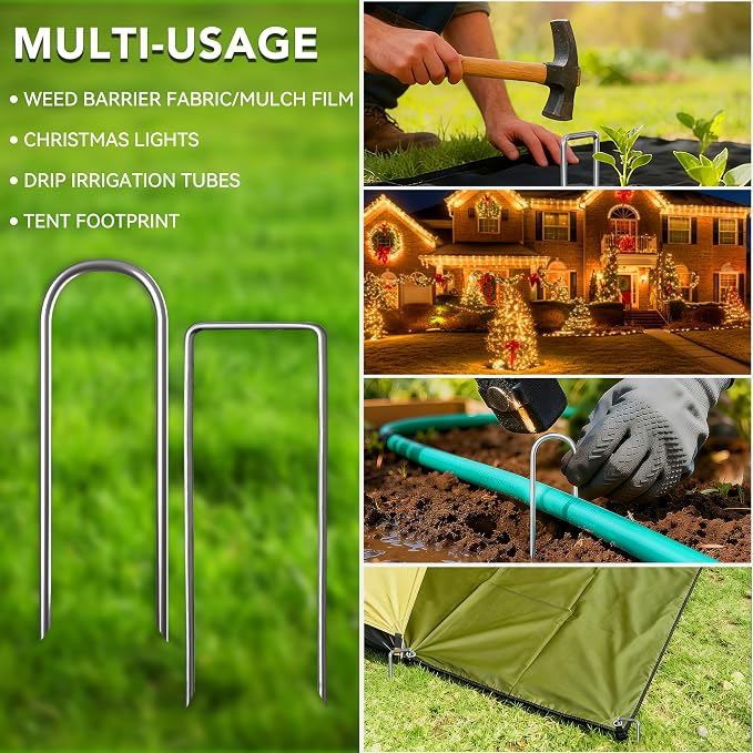 Landscape Staples 4 Inch, 40PCS Combo Kit – 20 U-Shaped & 20 Right Angle Galvanized Garden Stakes for Weed Barrier, Lawn & Garden Fixing