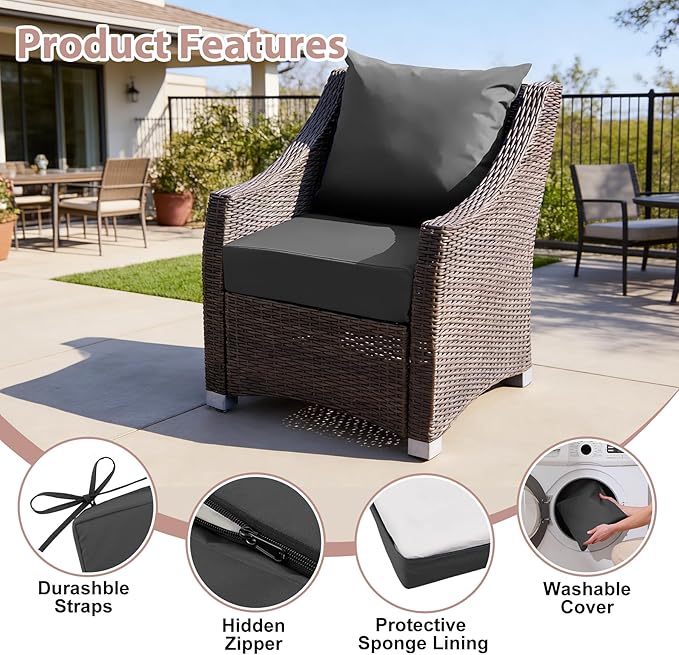 Outdoor Deep Seat Cushion Set, 24x24 Inch Water-Resistant & Fade-Resistant Outdoor Chair Cushions, Patio Furniture Cushions with Removable Cover for Patio Chair, Sofa, Dark Grey (Set of 2)