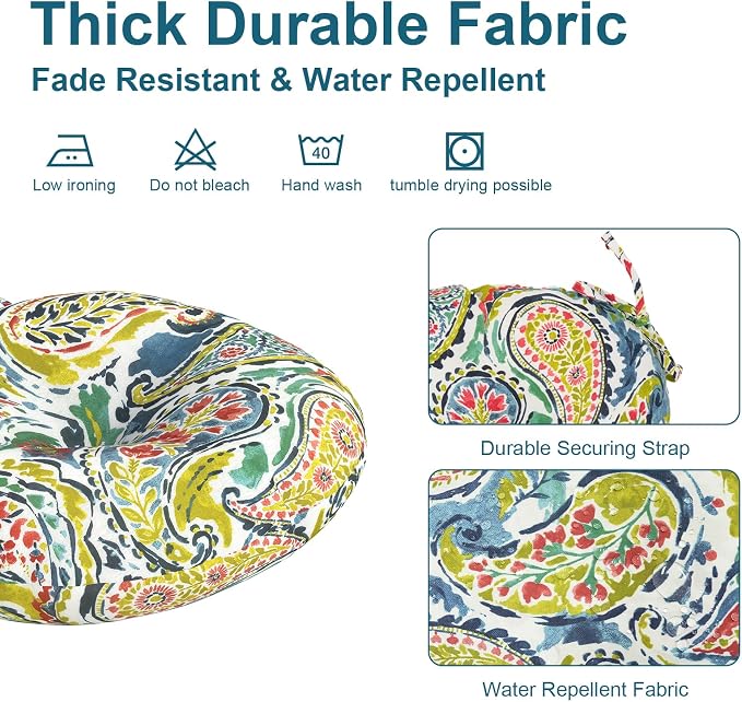 DYTXIII Set of 2 Outdoor Round Chair Cushions 15"x15"x4" with Ties, Water Repellent Tufted Bistro Seat Cushions, Thick Patio Chair Pads for Bar Stool, Garden & Dining Furniture - Paisley Paradise