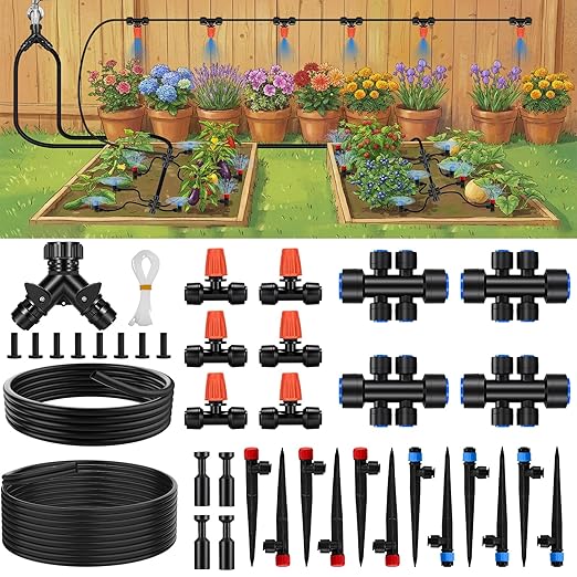 Quick-Connect Drip Irrigation System Kit, Irrigation Kit with Adjustable Nozzles, 2/5" & 1/4" Tubing, Automatic Watering System for Garden, Raised Beds, Greenhouse, Automatic Timer Compatible