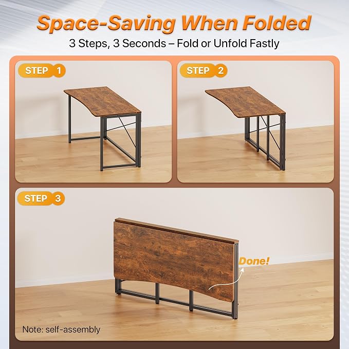 Huuger Folding Desk for Small Spaces, 47.2 Inch Foldable Computer Table, for Home Office, Study, Bedroom, Dorm, Space Saving, Small Writing Work Office Computer Desk, Easy to Fold, Rustic Brown