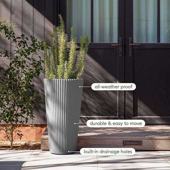 Veradek Demi Series Tall Planter for Porch, Patio, Backyard | Durable Plastic-Stone Composite Material | Modern Décor for Tall Plants, Grasses