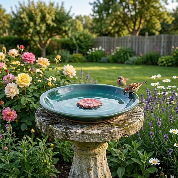 Topadorn 12.2'' Ceramic Birdbath & Birdfeeder for Small Birds Outdoors, 2" Depth Bird Bath Bowl for Vintage Garden Patio Yard Lawn Decor, Blue with Red Flower