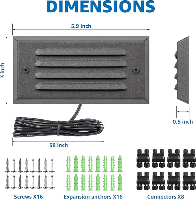 SUNVIE Low Voltage Step Lights - Outdoor Stair Lights 5W LED with Horizontal Louver Faceplate for Steps, Stairs, Fences 12V 3.2FT ETL Listed Wire Fastlock2 Connectors Included, 8 Pack