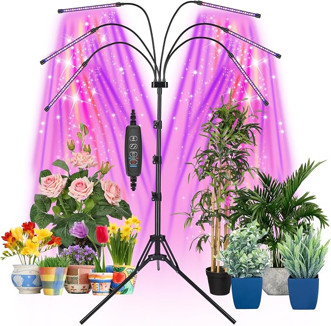 Mefflypee Grow Lights for Indoor Plants, LED Grow Light Stand, Red Blue Yellow Full Spectrum Plant Lamp with Adjustable Tripod, Color Changing Dimmable Vegetative Lamp with Auto On Off Timer (Type A)