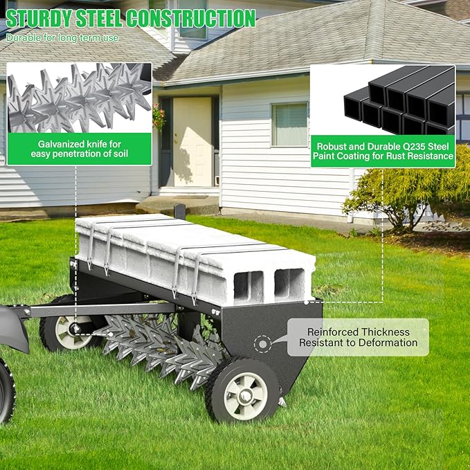 Doniks 40" Tow Behind Plug Aerator with Transport Wheels, Lawn Aerator Tow Behind with Galvanised Steel Tines and Extra-Wide Tow Bar, Pull Behind Aerator for Gardens, Lawns, Farms
