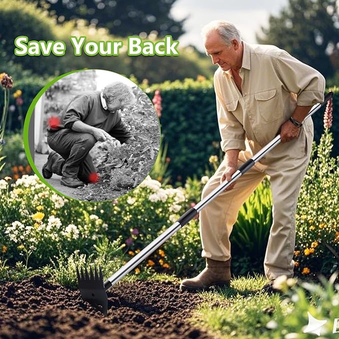 Weed Puller Tool with Long Handle, Hoe Garden Tool Weeding Rake Combo for Uprooting, Garden Hoe, Weed Remover Manual Hand Weeder for Yard Flower Bed(Black)
