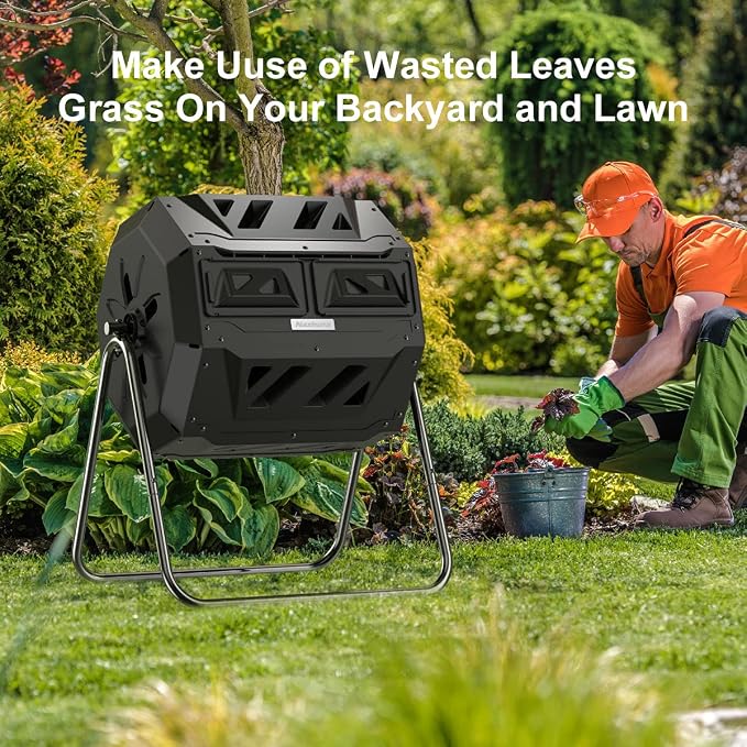 Compost Tumbler Bin Composter Dual Chamber 43 Gallon (Bundled with Pearson's Gardening Gloves)