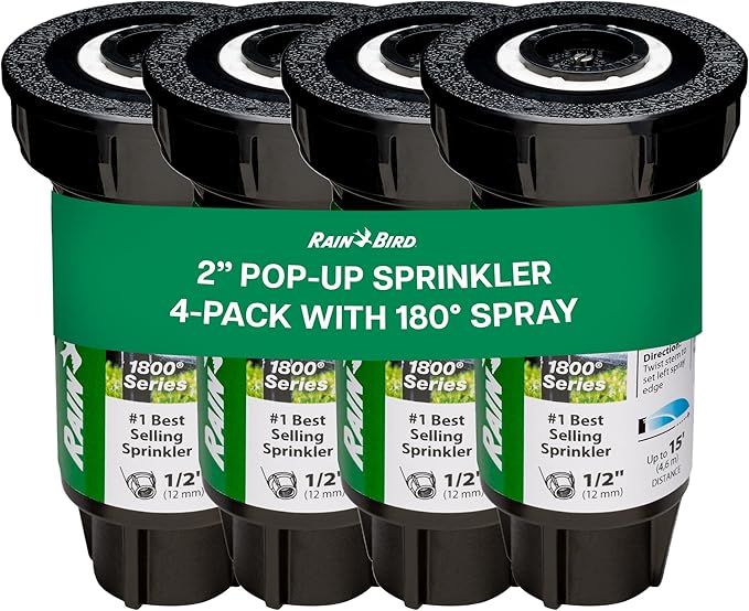 Rain Bird 1802HDSPRS Pressure Regulated 1800 Series Dual Spray 2 Inch Pop Up Sprinkler Head, 4 Pack -Water Efficient Lawn Sprinkler with 180 Degree Half Pattern, 1/2 in NPT, Up to 15 Ft Spray Distance