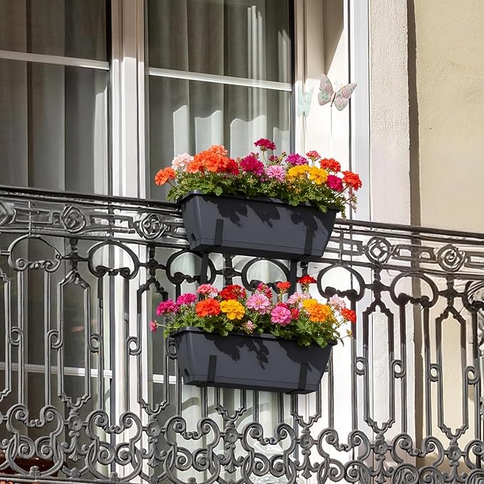 Balcony Planters Railing Hanging, Deck Railings Planter Boxes 16.9in, Railing Planter Box, Deck Planters for Railings, Railing Flower Box with Metal Brackets, Grey (2Pcs)