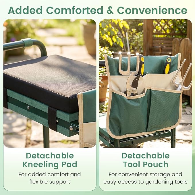 Giantex Garden Kneeler and Seat, Foldable Gardening Stool w/Wide EVA Foam Padding, Tool Pouch, Heavy-Duty Kneeling Bench for Knee & Back Pain Relief, Gardening Kit for Seniors Women Men (Green)