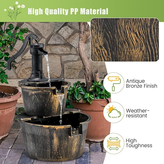 Tangkula 2-Tier Water Fountain Outdoor, Rustic Wood Cascading Waterfall Fountain with Electric Pump, Outside Water Feature with Decorative Hand for Garden Patio Backyard (Plastic)