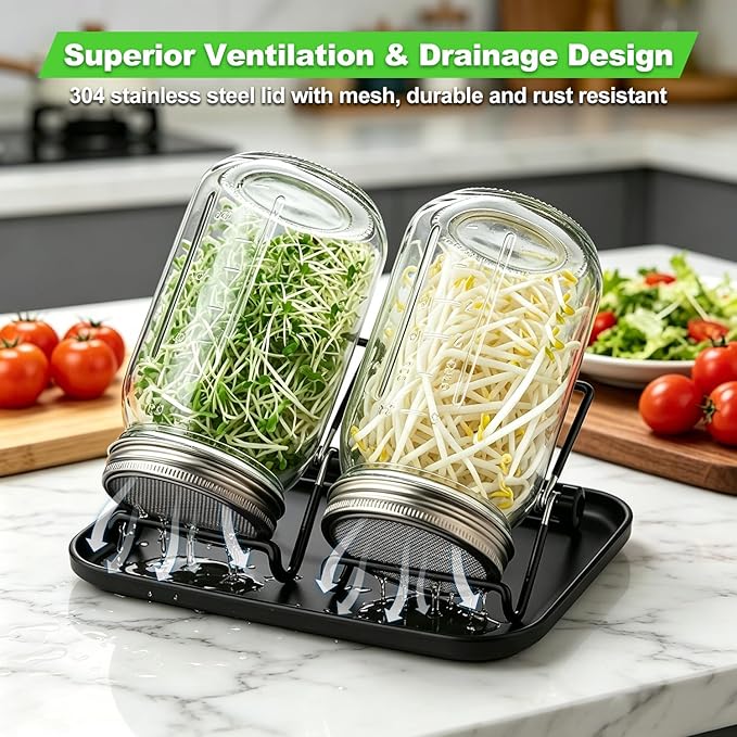 Sprouting Jar Kit 4 PCS 1000ml(35oz) Wide Mouth Mason Jars with 304 Stainless Steel Sprout Lids Drain Tray Stainless Steel Stand Cleaning Brush Sprouts Growing Kit for Bean, Broccoli, Alfalfa