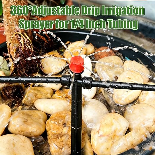 30pcs Drip Irrigation Emitters, Kalolary Adjustable 360 Degree Water Flow Emitters for 1/4" Tubing, Two-Way Connection Irrigation Drippers for Garden, Lawn, and Greenhouse Watering Systems(Red)