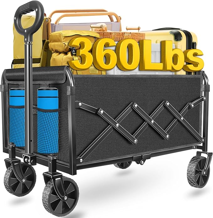 Wagons Carts Foldable, Collapsible Wagon Cart with Wheels, Portable Folding Utility Wagon with Adjustable Handle & Cup Holders for Grocery Shopping, Garden, Camping, Sports, Picnic & Small Hauls