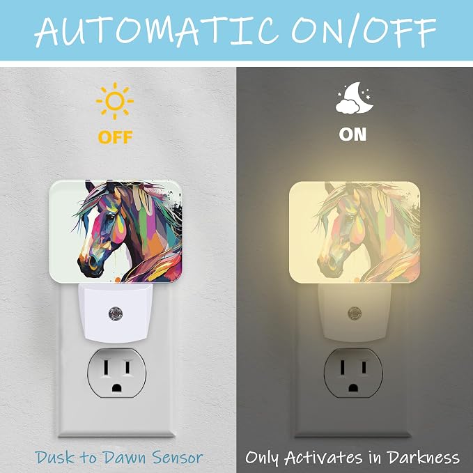Night Light Watercolor Horse Plug-in Wall LED Night Lamp with Dusk-to-Dawn Smart Sensor Lamp for Adult Bedroom Living Room Hallway Kitchen