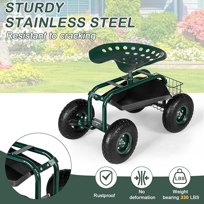 Rolling Garden Work Seat with Wheels, Gardening Stool for Planting, 360 Degree Swivel Seat, Garden Scooter with Steering Handle & Tool Tray, Garden Chair for Outdoor, Patio and Yard,Green
