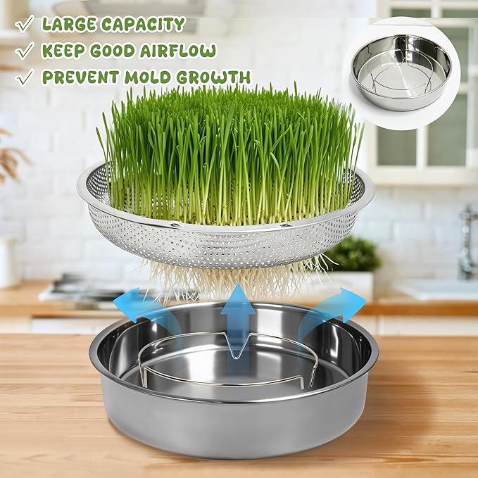 2 Pack 304 Stainless Steel Seed Sprouter Trays, 2-Tier Soil-Free Microgreens Growing Kit, Rust-Free Round Sprouting Tray with Mesh Pads for Sprouts Beans Alfalfa Wheatgrass