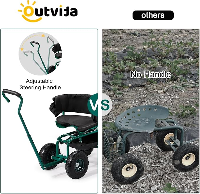 Outvita Garden Cart, Outdoor Rolling Garden Scooter W/Adjustable 360 Degree Swivel Seat, Extendable Handle, Tool Tray & Storage Basket, Gardening Stool for Planting(Green)