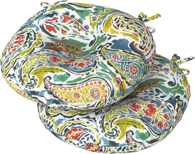 DYTXIII Set of 2 Outdoor Round Chair Cushions 15"x15"x4" with Ties, Water Repellent Tufted Bistro Seat Cushions, Thick Patio Chair Pads for Bar Stool, Garden & Dining Furniture - Paisley Paradise