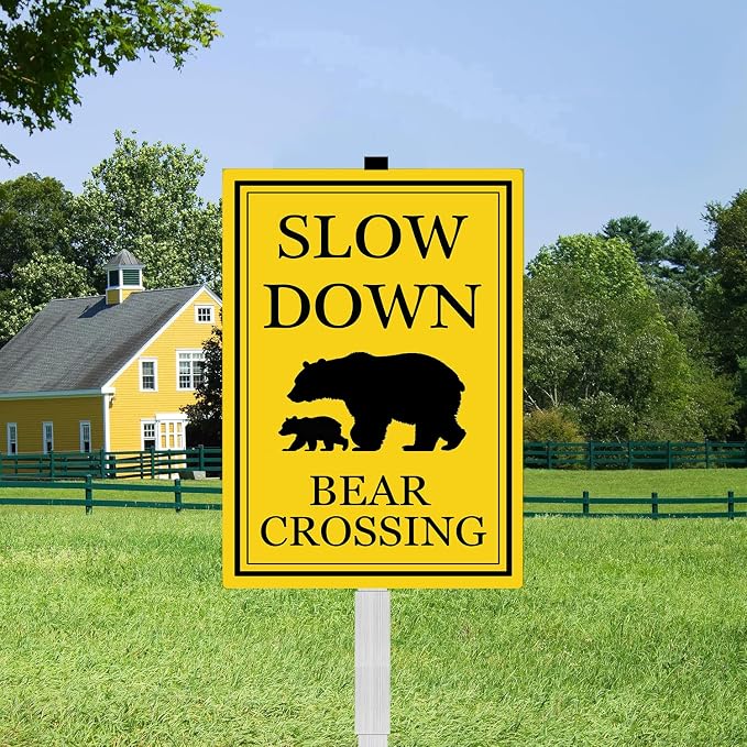 Bear Crossing Sign With Stakes Slow Down Sign For Neighborhoods Reflective Rustproof Aluminium Yard Garden Stake Caution Sign Wild Lawn Walkway Decorations Animal Signs 8X12 IN