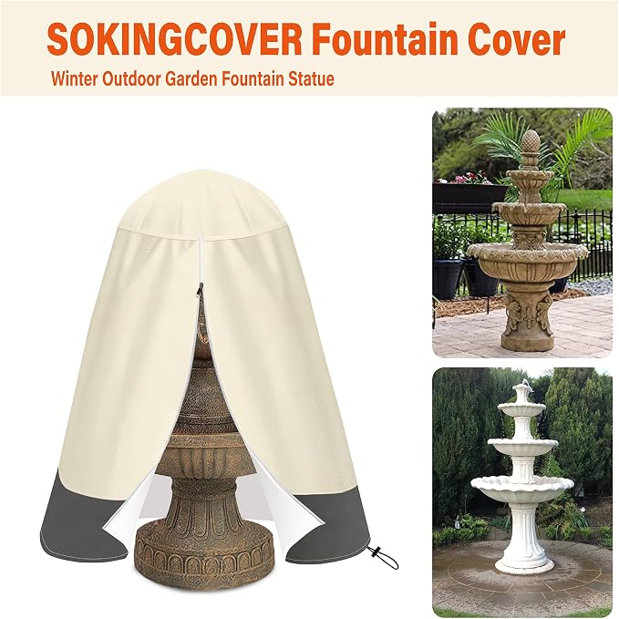 SOKINGCOVER Fountain Cover 36"x42" Heavy Duty 420D Waterproof with Zipper Access & Drawstring — Small Garden Bird Bath Fountain Cover for Winter Freeze Protection, UV & Water Resistant