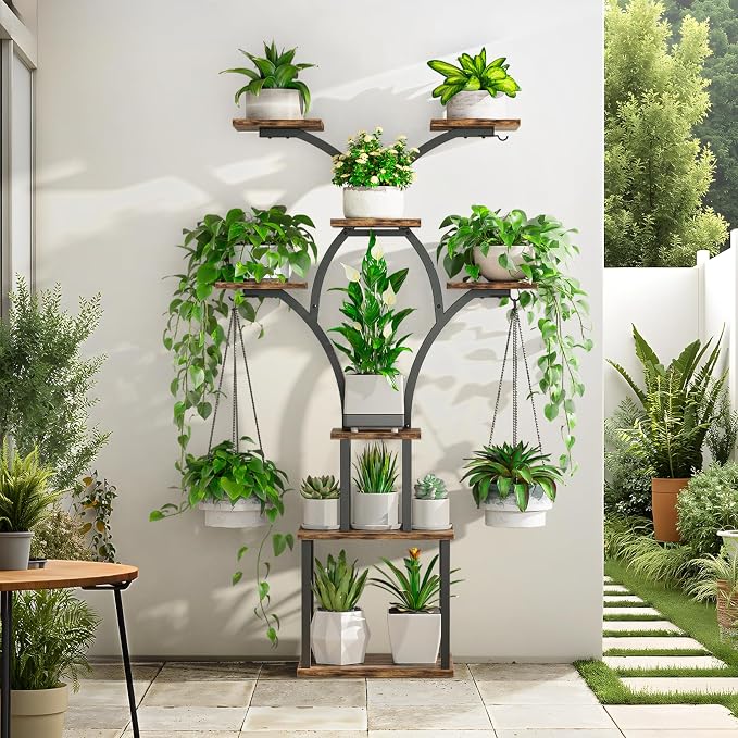 Elbourn Plant Stand Indoor with Grow Lights - 60" Tall Metal Plant Shelf for Multiple Plants, 8 Tiered Corner Plant Stands for Indoor Plants, X - Shaped Decorative Rack for Home, Living Room & Patio Decor (Brown)