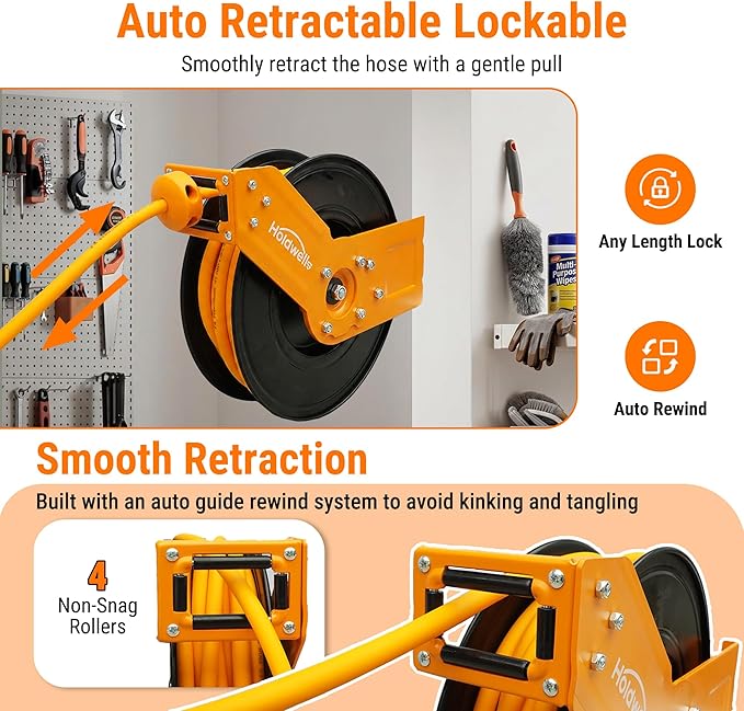 Retractable Air Hose Reel, 1/2" x 50FT Hybrid Air Hose, 300PSI Max, Auto-Rewind & Length-Lock, 1/2" NPT Fitting, Ceiling/Wall Mount Heavy Duty Single Arm Steel Reel for Workshop/Garage