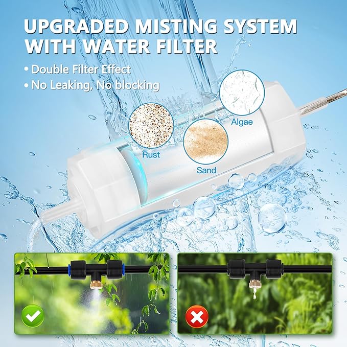 Misters for Outside Patio with Water Filter - 33Ft(10M) Misting system Line 9 Brass Mist Nozzles Brass Adapter(3/4") Patio Misters for Cooling Outdoor Greenhouse Backyard Porch Garden BBQ Party Pool