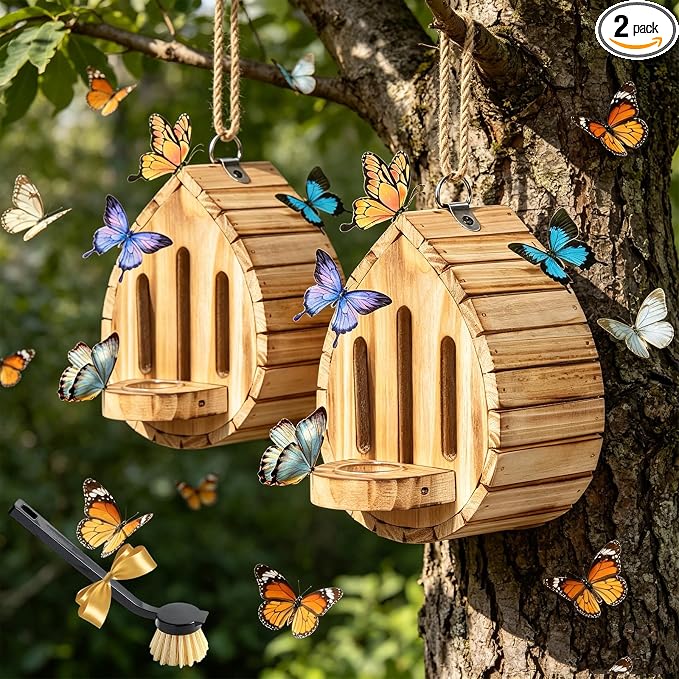 Butterfly Houses for the Garden, Butterfly House Wooden Shelter with Feeder and Hanging Design, Habitat Nesting Box for Outdoors, Pollinator House for Butterflies, Moths, Lacewings, Ladybugs (2PCS)