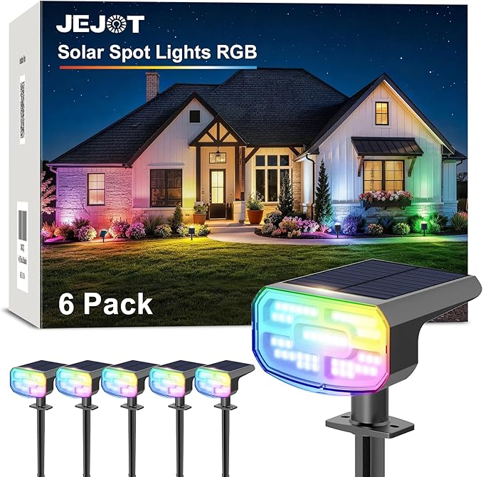 JEJOT Color Changing Solar Spot Lights Outdoor Waterproof IP65,8 Lighting Modes Multicolor RGB Christmas Spotlight for Porches Yard Gardens Landscape Deconrations-6 Pack