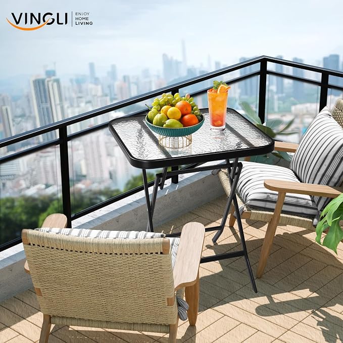 VINGLI Folding Glass Outdoor Side Table, 23.6 Inches Small Foldable Patio Bistro Table with Tempered Glass Table Top for Lawn & Garden, Balcony, Porch and Pool, Rectangular