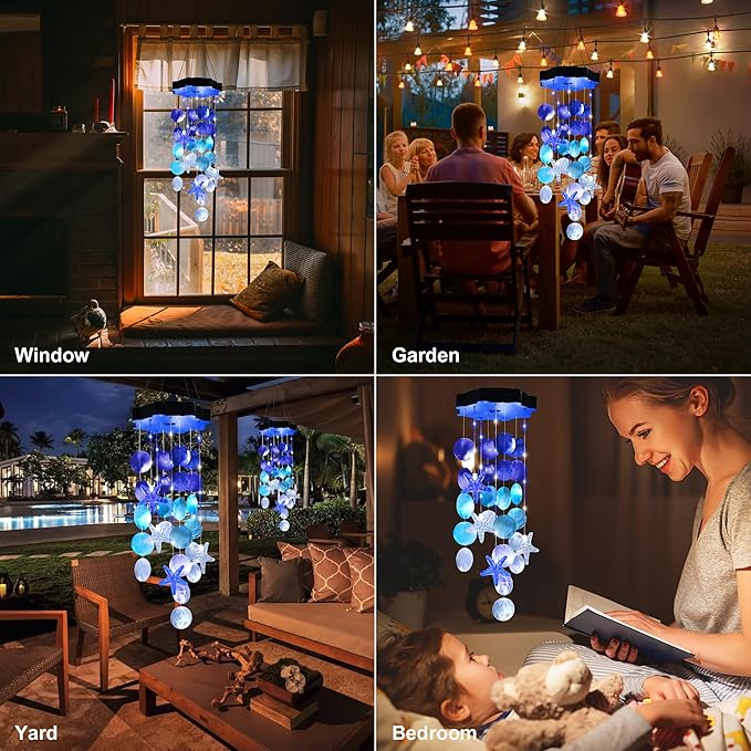 Solar Shell Gift for Mom Grandma Girls, White & Blue Solar Wind Chimes for Outside, Outdoor Decorative Mobile Lights for Garden, Yard, Patio, Window, Party, Outdoor Decorations