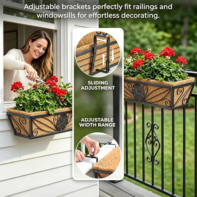 4 Pack 24 Inch Railing Planter Boxes with Coco Liner, Floral Scroll Metal Window Box Planters for Outdoor Plants, Black Hanging Window Baskets for Garden, Patio, Balcony Railing Decor