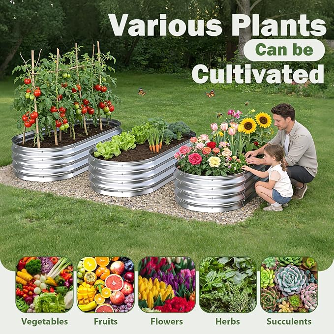 Galvanized Raised Garden Bed Outdoor, 4x2x1ft Metal Heavy Duty Planter Boxes for Gardening, Easy Assemble Bottomless Small Oval Plant Container Kit for Vegetable, Flower, Fruit, Silver, 1Pack