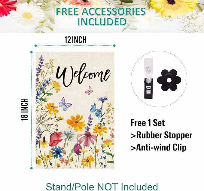Baccessor Spring Summer Garden Flag Welcome Floral Leaves Double Sided Yard Flag Heavy Duty Seasonal Flowers Butterfly Outdoor Outside Patio Decoration 12.5x18 Inch