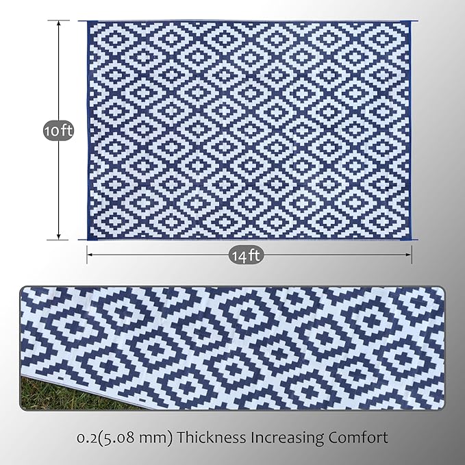 SAND MINE Reversible Mats, Plastic Straw Rug, Modern Area Rug, Large Floor Mat and Rug for Outdoors, RV, Patio, Backyard, Deck, Picnic, Beach, Trailer, Camping, Dark Blue & White, 10' x 14'