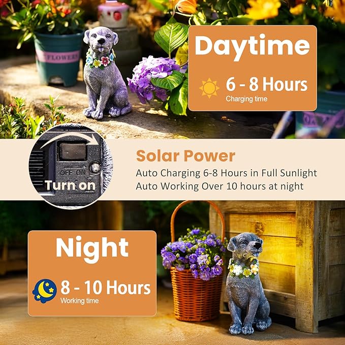 Solar Dog Garden Decor - Resin Dog Decor with Flowers LED Lights Garden Statue Yard Lawn Decor - Ideal Dog Gifts for Mom Women（Gray）