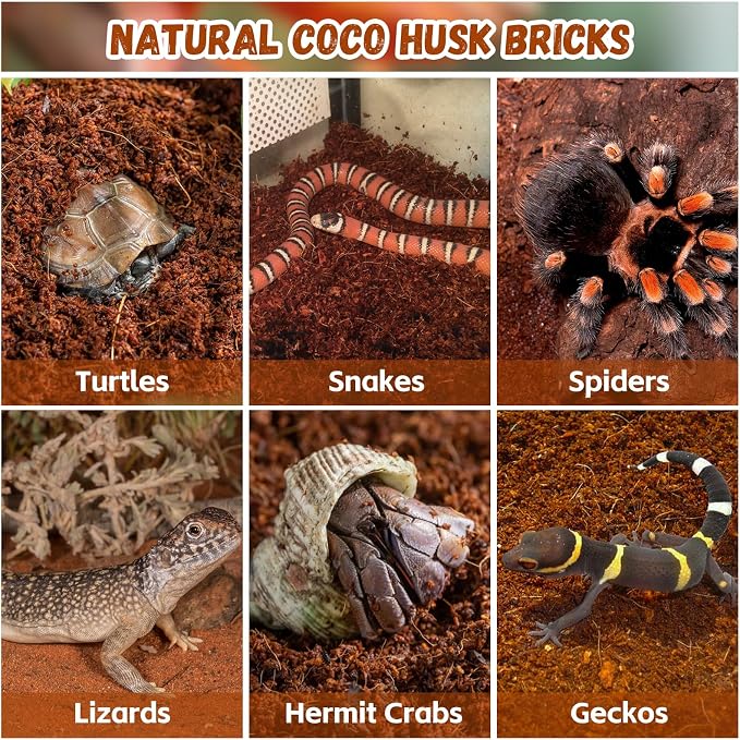 Legigo 6 Pack Coconut Fiber Substrate, Natural Coco Coir Bedding for Reptiles Turtles, Tortoises, Snake, Hermit Crab, Gecko, Lizard, Bioactive Terrarium Soil for Humidity Control and Plant Substrate