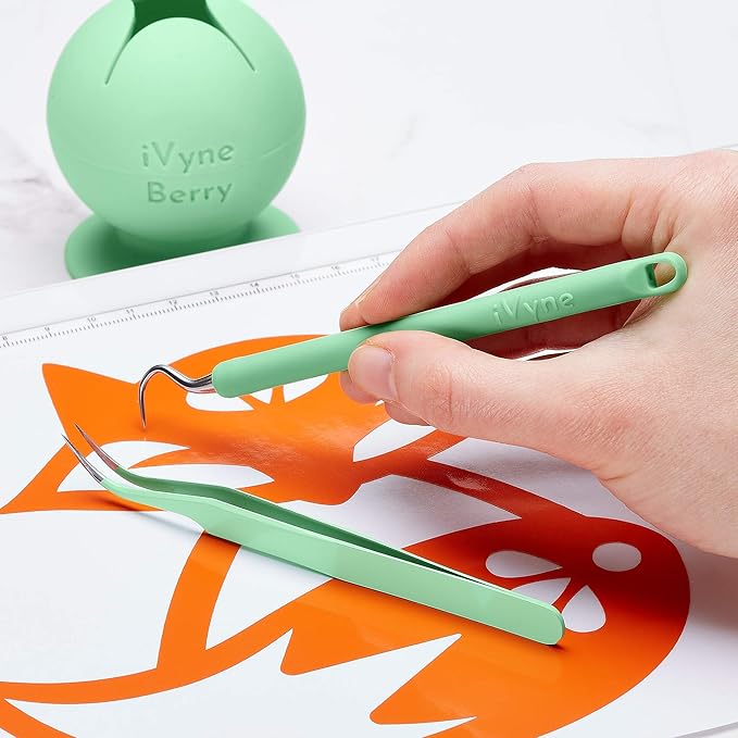 iVyne Berry and Silicone Weeding Tools - Suction Weeder, Craft Tweezer, Scrap Collector Holder, Vinyl Weeding Tool Kit for Cricut, Silhouette Accessories - Green