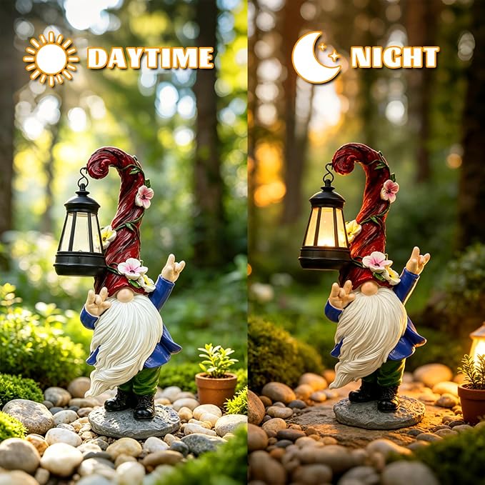 Garden Gnome Statue with Solar Lights 13.7" Garden Sculptures Gnomes Decorations Gnome Outdoor Patio Lawn Yard Balcony Birthday Gift for Mom Grandma(Left Light)