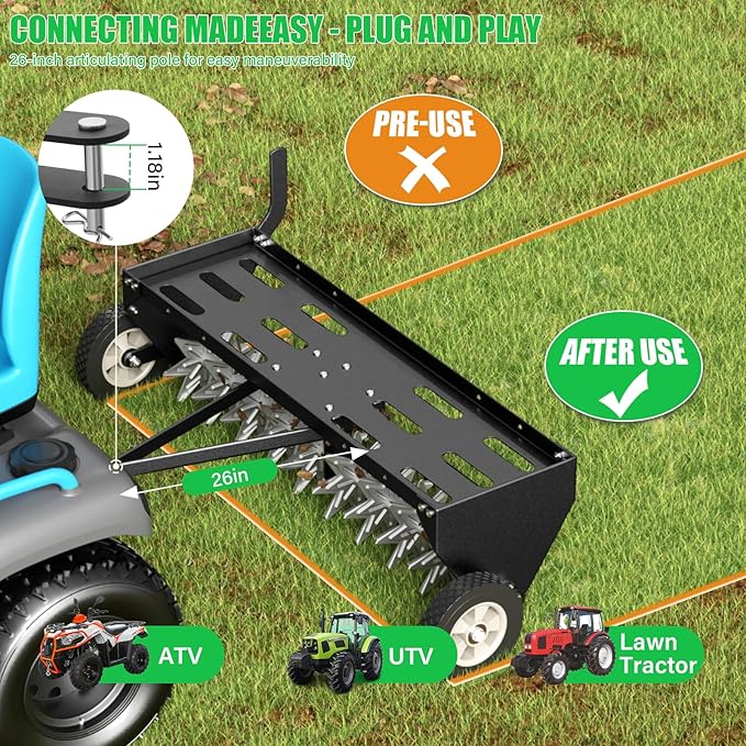 Doniks 40" Tow Behind Plug Aerator with Transport Wheels, Lawn Aerator Tow Behind with Galvanised Steel Tines and Extra-Wide Tow Bar, Pull Behind Aerator for Gardens, Lawns, Farms