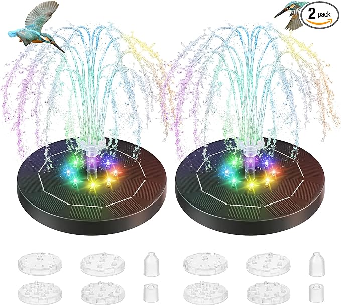 Saillong 2 Pack 5W Solar Bird Bath Fountain Pump with Colorful LED Lights, 6.3'' Battery and Solar Powered Water Fountains with 6 Nozzles, Floating Fountain Pump for Bird Bath Garden, Pond