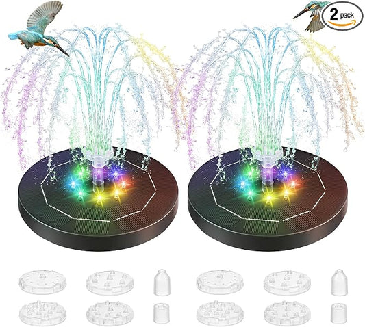 Saillong 2 Pack 5W Solar Bird Bath Fountain Pump with Colorful LED Lights, 6.3'' Battery and Solar Powered Water Fountains with 6 Nozzles, Floating Fountain Pump for Bird Bath Garden, Pond